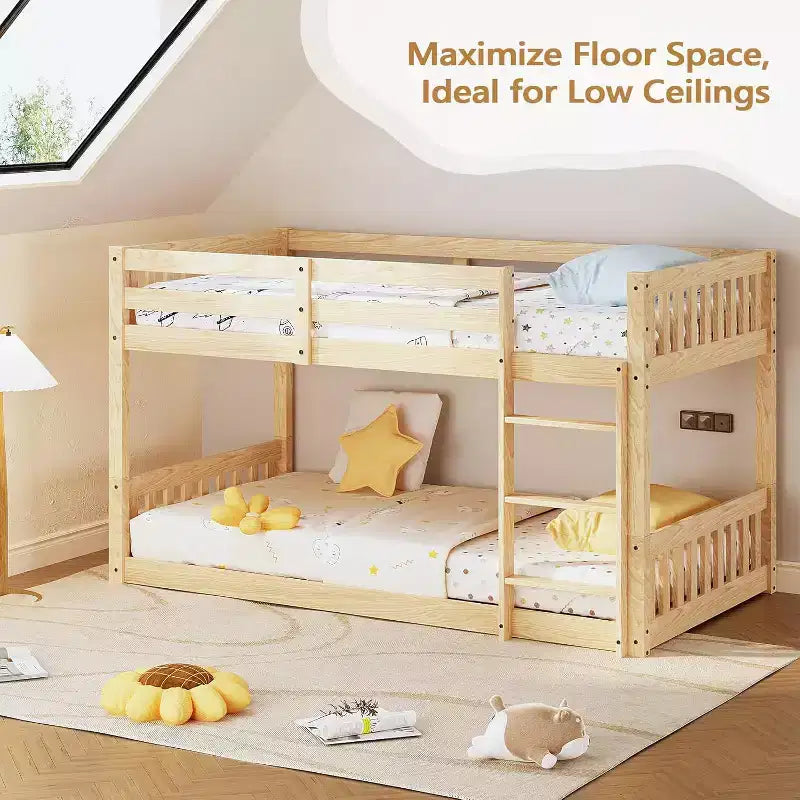 JOYMOR Lit superposé jumeau bas pour enfants/juniors, cadre de lit superposé double en bois avec garde-corps et échelle pour garçons et filles, matelas non inclus