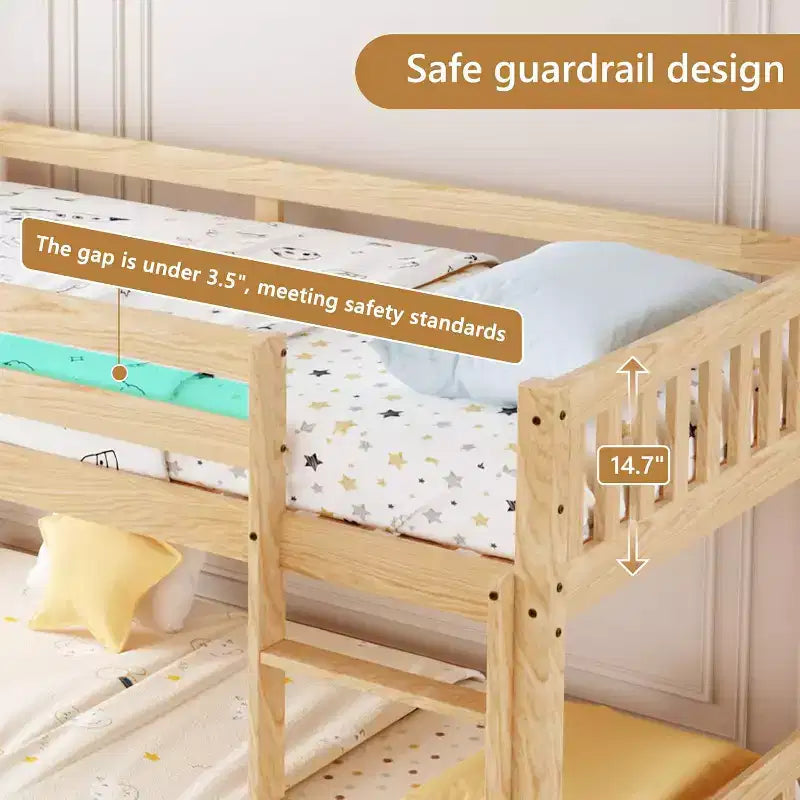 JOYMOR Lit superposé jumeau bas pour enfants/juniors, cadre de lit superposé double en bois avec garde-corps et échelle pour garçons et filles, matelas non inclus