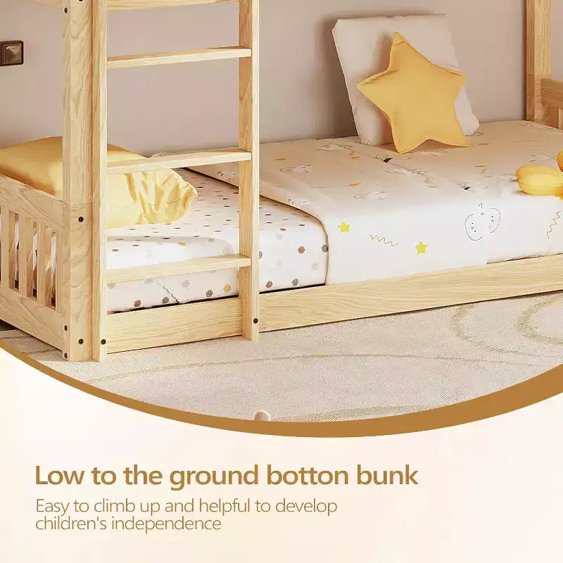 JOYMOR Lit superposé jumeau bas pour enfants/juniors, cadre de lit superposé double en bois avec garde-corps et échelle pour garçons et filles, matelas non inclus