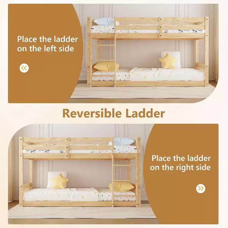 JOYMOR Lit superposé jumeau bas pour enfants/juniors, cadre de lit superposé double en bois avec garde-corps et échelle pour garçons et filles, matelas non inclus