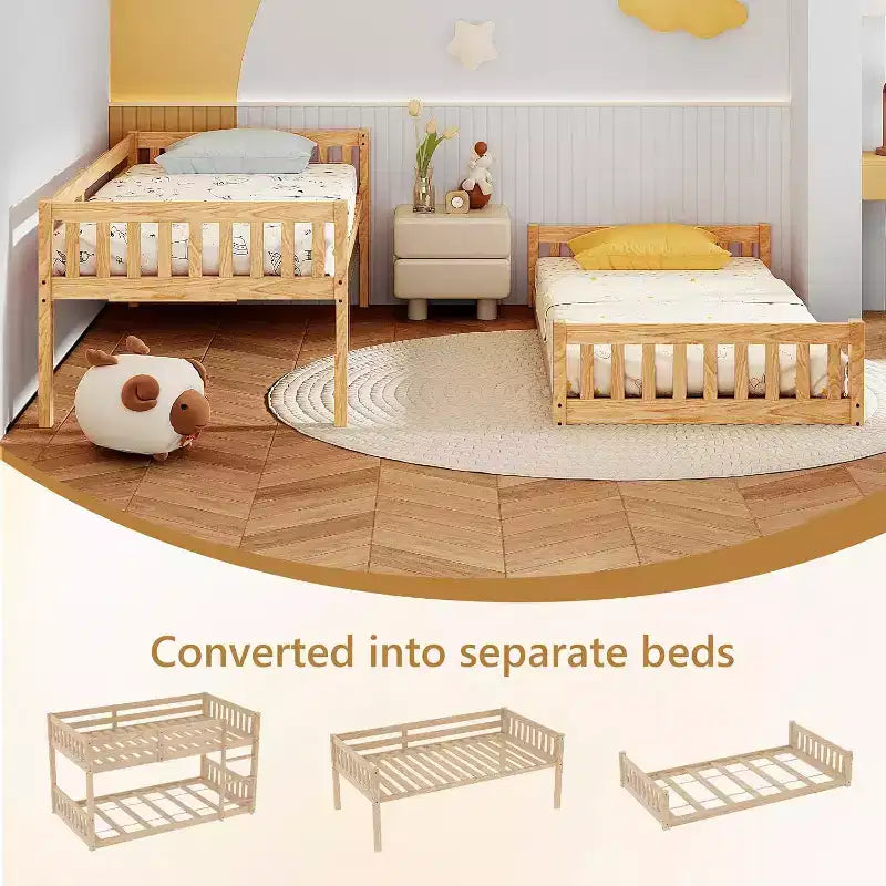 JOYMOR Lit superposé jumeau bas pour enfants/juniors, cadre de lit superposé double en bois avec garde-corps et échelle pour garçons et filles, matelas non inclus