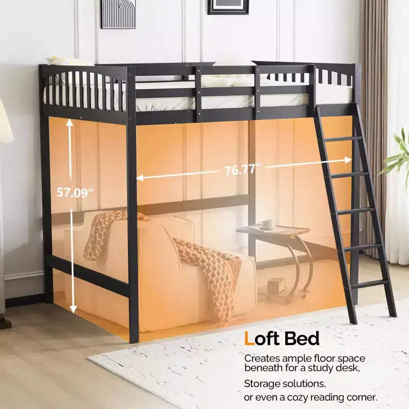 Lit mezzanine VINGLI entièrement en bois avec station de recharge USB/LED, lit en bois massif avec barreaux plats, garde-corps de 38 cm de haut, pas besoin de sommier, noir