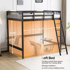 Lit mezzanine VINGLI entièrement en bois avec station de recharge USB/LED, lit en bois massif avec barreaux plats, garde-corps de 38 cm de haut, pas besoin de sommier, noir