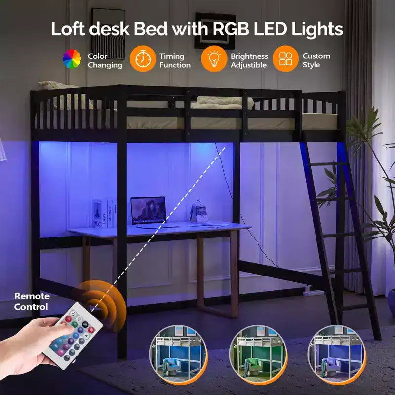 Lit mezzanine VINGLI entièrement en bois avec station de recharge USB/LED, lit en bois massif avec barreaux plats, garde-corps de 38 cm de haut, pas besoin de sommier, noir