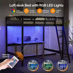 Lit mezzanine VINGLI entièrement en bois avec station de recharge USB/LED, lit en bois massif avec barreaux plats, garde-corps de 38 cm de haut, pas besoin de sommier, noir