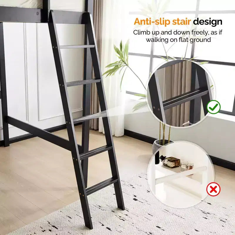 Lit mezzanine VINGLI entièrement en bois avec station de recharge USB/LED, lit en bois massif avec barreaux plats, garde-corps de 38 cm de haut, pas besoin de sommier, noir