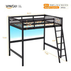 Lit mezzanine VINGLI entièrement en bois avec station de recharge USB/LED, lit en bois massif avec barreaux plats, garde-corps de 38 cm de haut, pas besoin de sommier, noir
