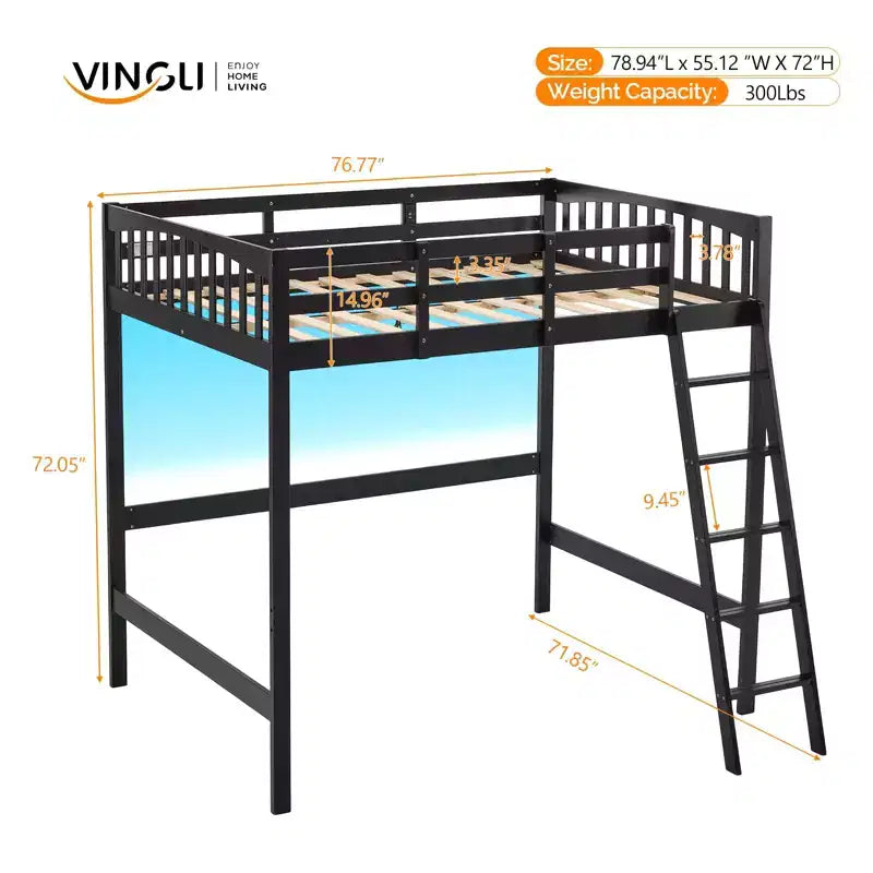 Lit mezzanine VINGLI entièrement en bois avec station de recharge USB/LED, lit en bois massif avec barreaux plats, garde-corps de 38 cm de haut, pas besoin de sommier, noir