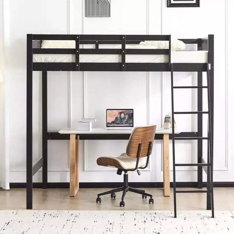 Lit mezzanine VINGLI entièrement en bois avec station de recharge USB/LED, lit en bois massif avec barreaux plats, garde-corps de 38 cm de haut, pas besoin de sommier, noir