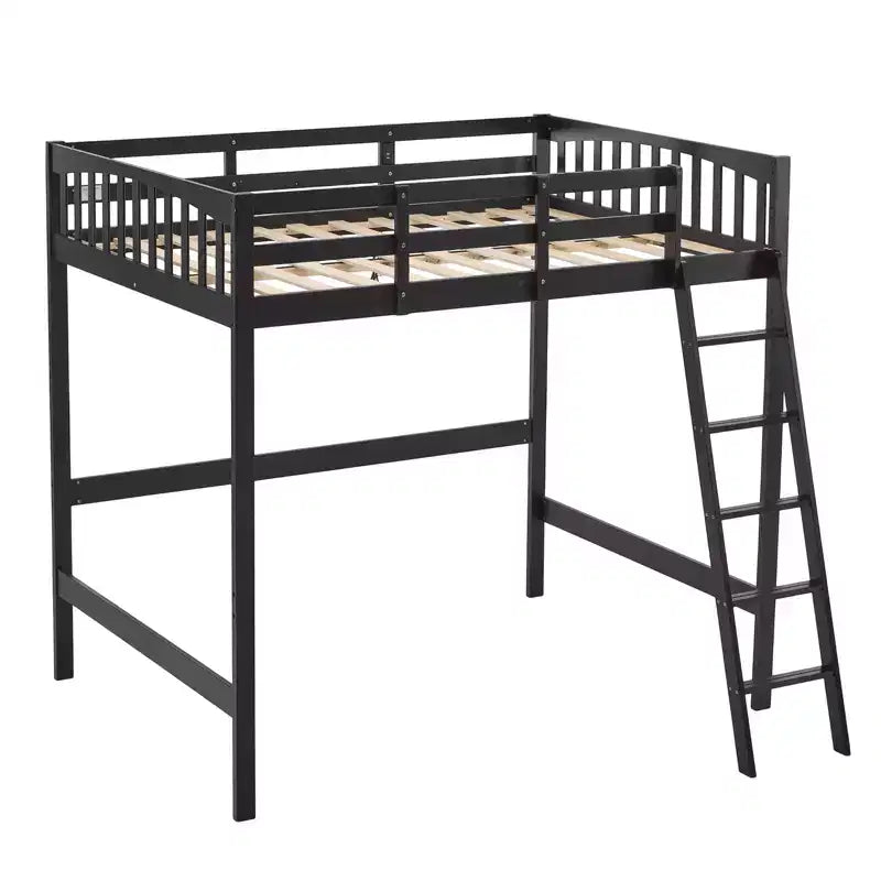 Lit mezzanine VINGLI entièrement en bois avec station de recharge USB/LED, lit en bois massif avec barreaux plats, garde-corps de 38 cm de haut, pas besoin de sommier, noir