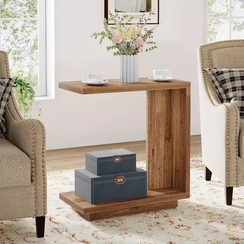 Table d'appoint en forme de C à 2 niveaux Lantine pour canapé, avec pied robuste, table de bout de canapé industrielle pour salon, chambre (marron noyer)