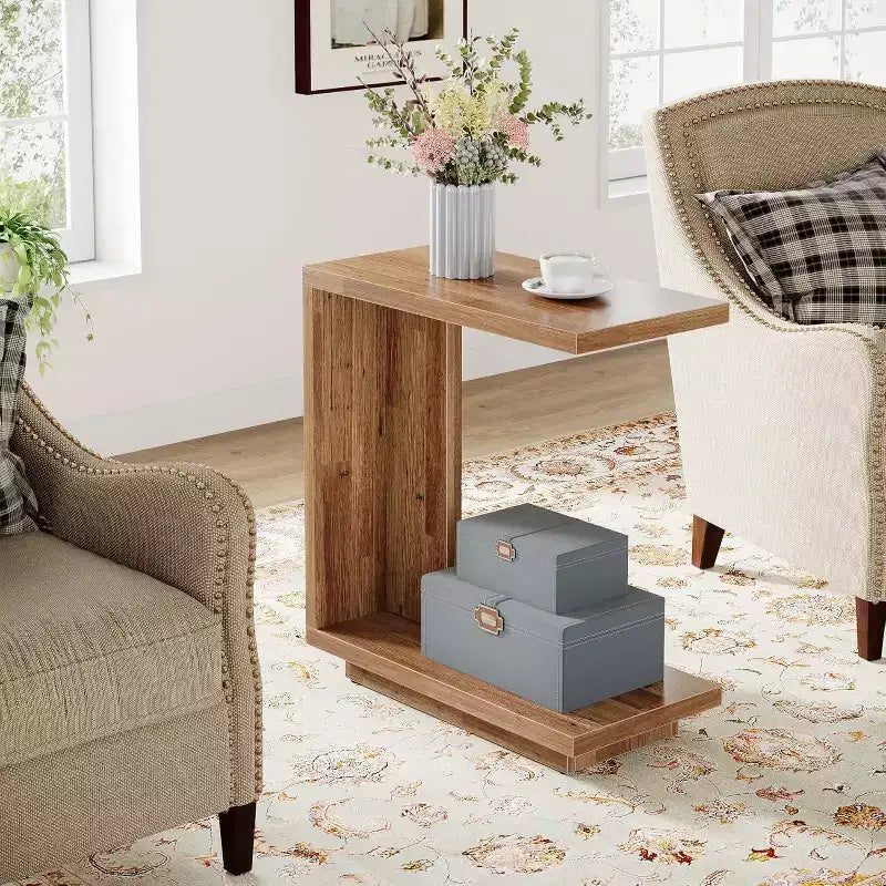 Table d'appoint en forme de C à 2 niveaux Lantine pour canapé, avec pied robuste, table de bout de canapé industrielle pour salon, chambre (marron noyer)