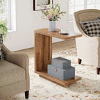 Table d'appoint en forme de C à 2 niveaux Lantine pour canapé, avec pied robuste, table de bout de canapé industrielle pour salon, chambre (marron noyer)