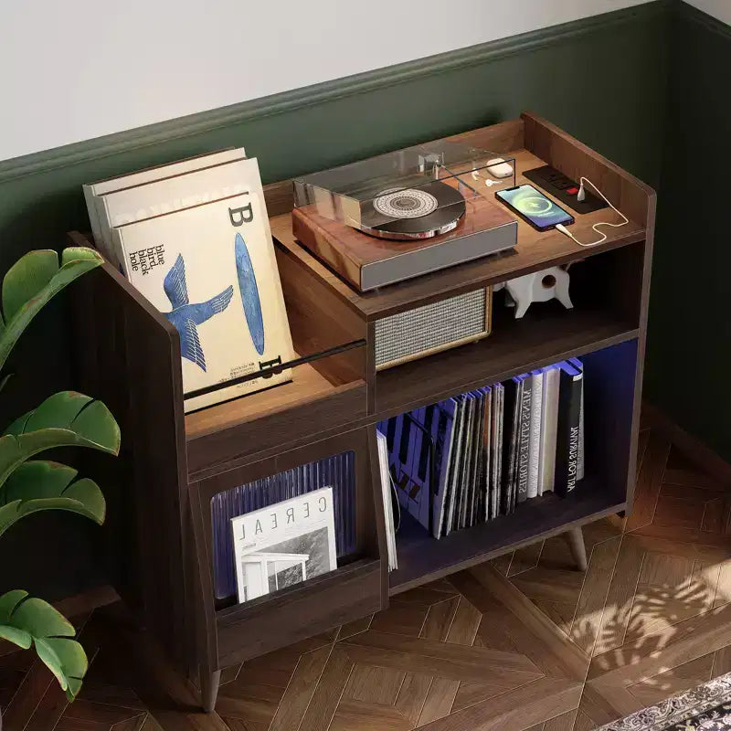 Meuble de rangement pour tourne-disque en vinyle rustique, support pour tourne-disque, capacité jusqu'à 350 albums, table de tourne-disque pour chambre à coucher