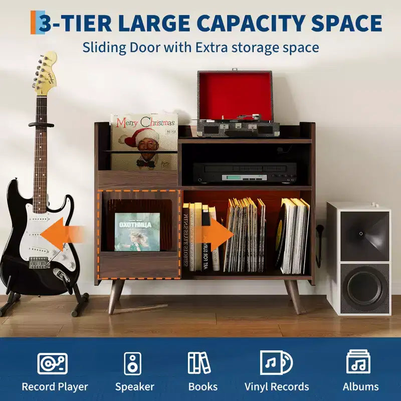 Meuble de rangement pour tourne-disque en vinyle rustique, support pour tourne-disque, capacité jusqu'à 350 albums, table de tourne-disque pour chambre à coucher