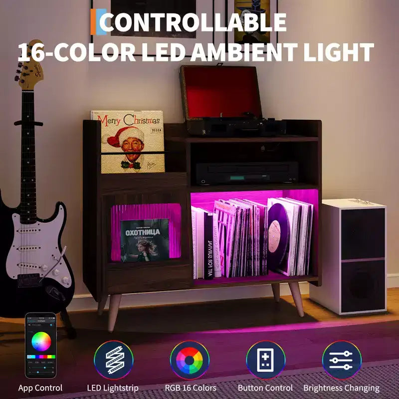 Meuble de rangement pour tourne-disque en vinyle rustique, support pour tourne-disque, capacité jusqu'à 350 albums, table de tourne-disque pour chambre à coucher