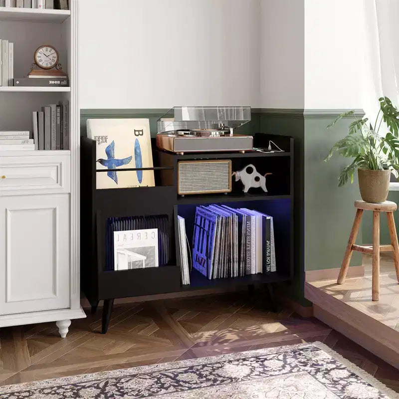 Meuble de rangement pour tourne-disque en vinyle rustique, support pour tourne-disque, capacité jusqu'à 350 albums, table de tourne-disque pour chambre à coucher