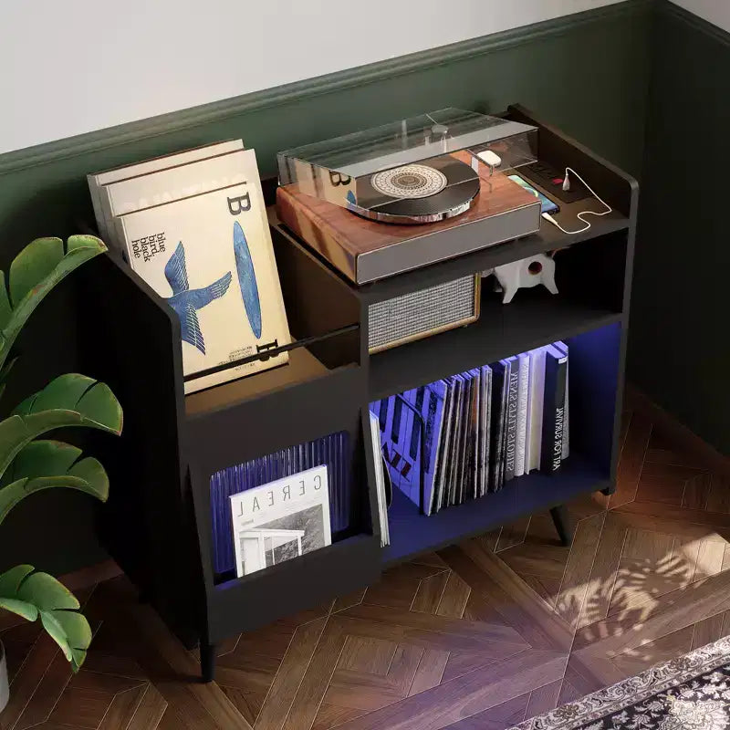 Meuble de rangement pour tourne-disque en vinyle rustique, support pour tourne-disque, capacité jusqu'à 350 albums, table de tourne-disque pour chambre à coucher