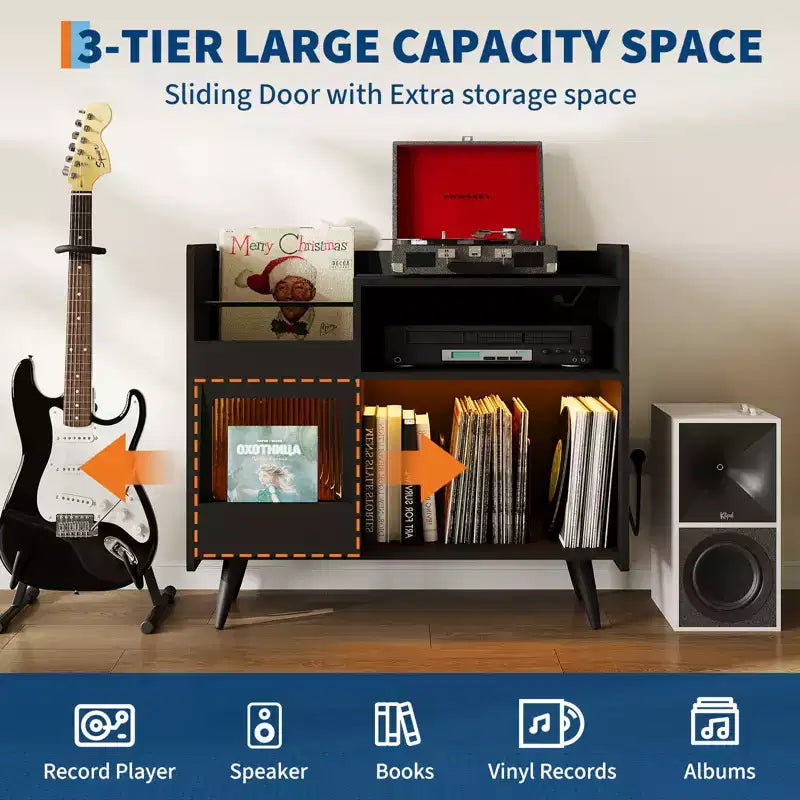 Meuble de rangement pour tourne-disque en vinyle rustique, support pour tourne-disque, capacité jusqu'à 350 albums, table de tourne-disque pour chambre à coucher