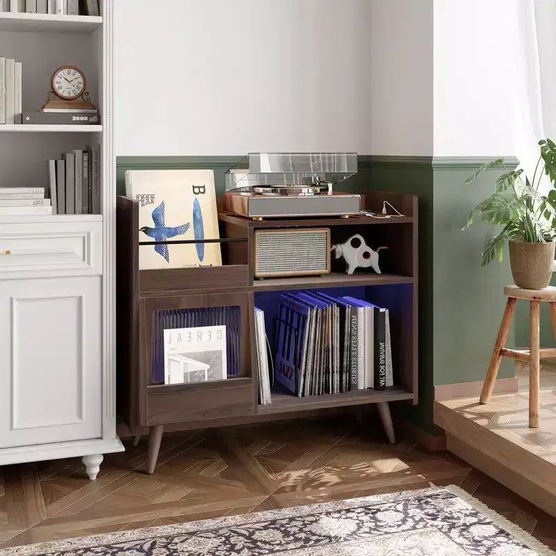 Meuble de rangement pour tourne-disque en vinyle rustique, support pour tourne-disque, capacité jusqu'à 350 albums, table de tourne-disque pour chambre à coucher