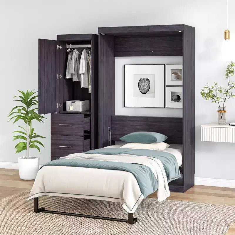 Murphy Bed with Wardrobe and Drawers, Cabinet Beds Foldable Wall Bed Frame for Guest Room Home Office, Gray