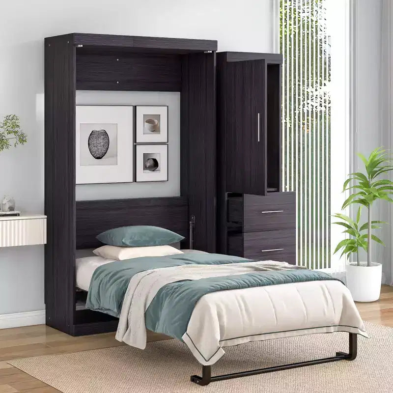 Lit escamotable avec armoire et tiroirs, lits armoire escamotables pour chambre d'amis et bureau, gris