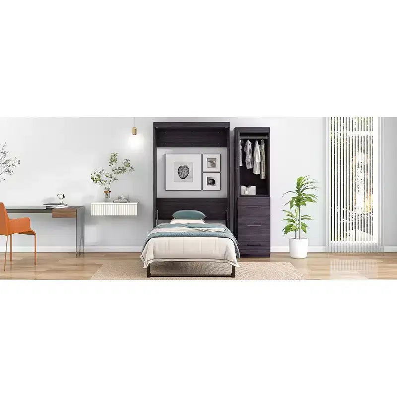 Lit escamotable avec armoire et tiroirs, lits armoire escamotables pour chambre d'amis et bureau, gris