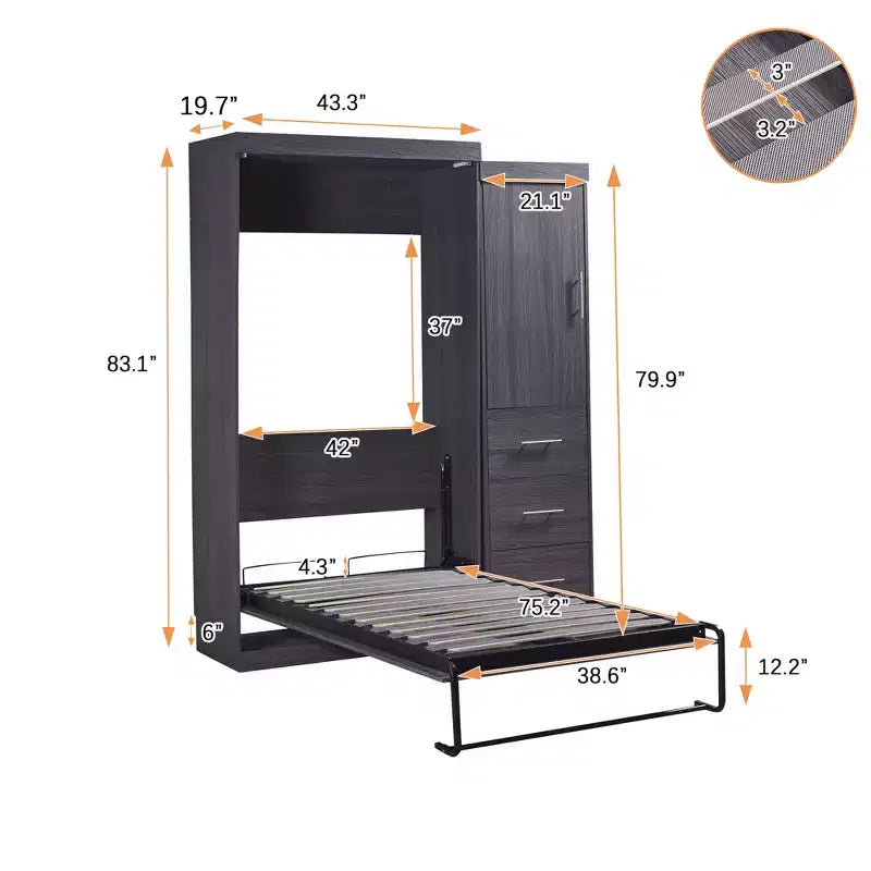 Lit escamotable avec armoire et tiroirs, lits armoire escamotables pour chambre d'amis et bureau, gris