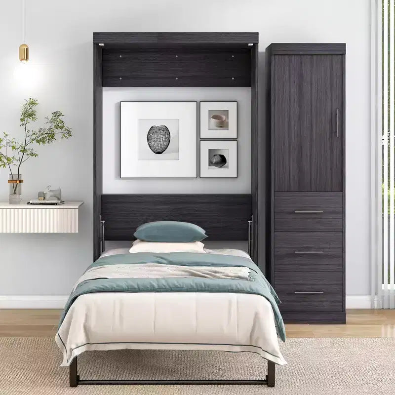 Lit escamotable avec armoire et tiroirs, lits armoire escamotables pour chambre d'amis et bureau, gris