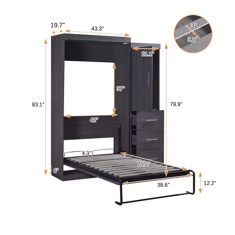 Lit escamotable avec armoire et tiroirs, lits armoire escamotables pour chambre d'amis et bureau, gris