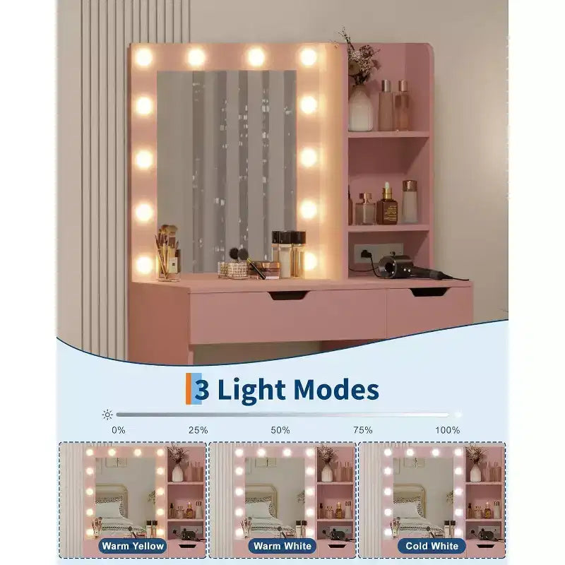 COZONY Coiffeuse avec miroir et lumières LED, Table de maquillage avec tiroirs et station de charge pour chambre à coucher