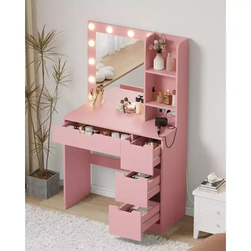 COZONY Coiffeuse avec miroir et lumières LED, Table de maquillage avec tiroirs et station de charge pour chambre à coucher