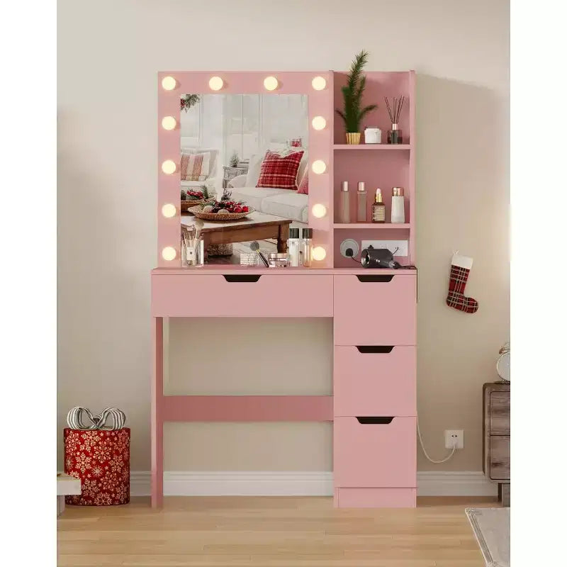 COZONY Coiffeuse avec miroir et lumières LED, Table de maquillage avec tiroirs et station de charge pour chambre à coucher