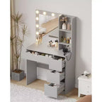COZONY Coiffeuse avec miroir et lumières LED, Table de maquillage avec tiroirs et station de charge pour chambre à coucher