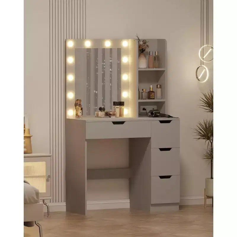 COZONY Coiffeuse avec miroir et lumières LED, Table de maquillage avec tiroirs et station de charge pour chambre à coucher