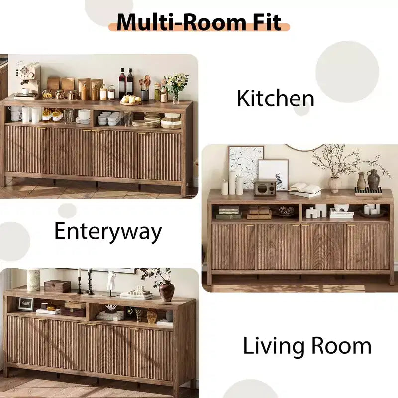 Buffet encastré à 4 portes, Grand buffet de cuisine, Buffet de style Mid-Century avec table de bar ou bar à café en bois pour salon, salle à manger ou entrée