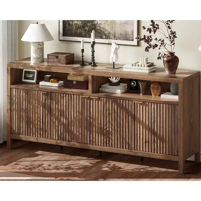 Buffet encastré à 4 portes, Grand buffet de cuisine, Buffet de style Mid-Century avec table de bar ou bar à café en bois pour salon, salle à manger ou entrée