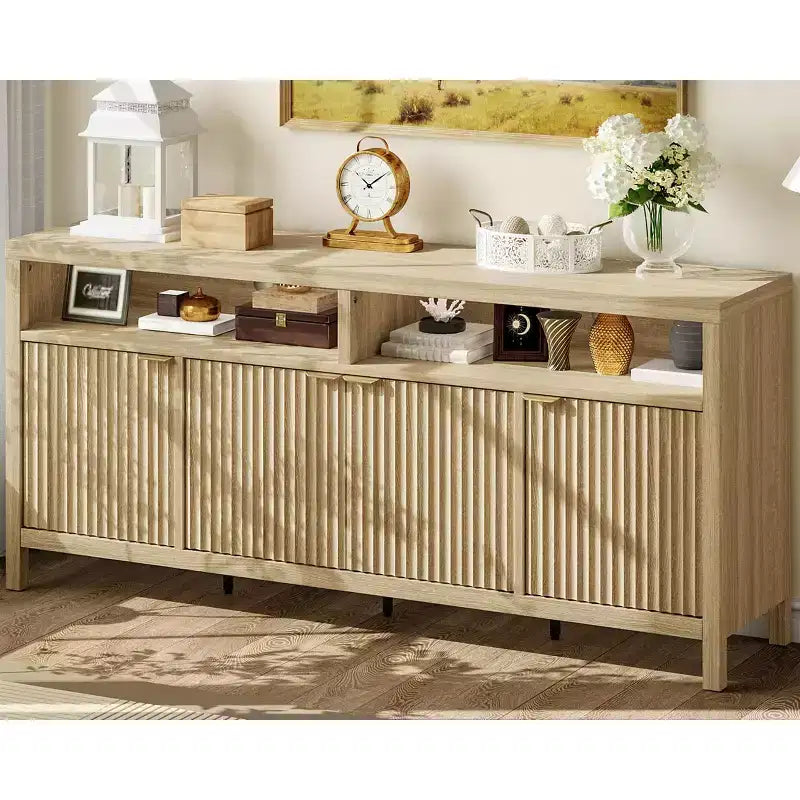 Buffet encastré à 4 portes, Grand buffet de cuisine, Buffet de style Mid-Century avec table de bar ou bar à café en bois pour salon, salle à manger ou entrée