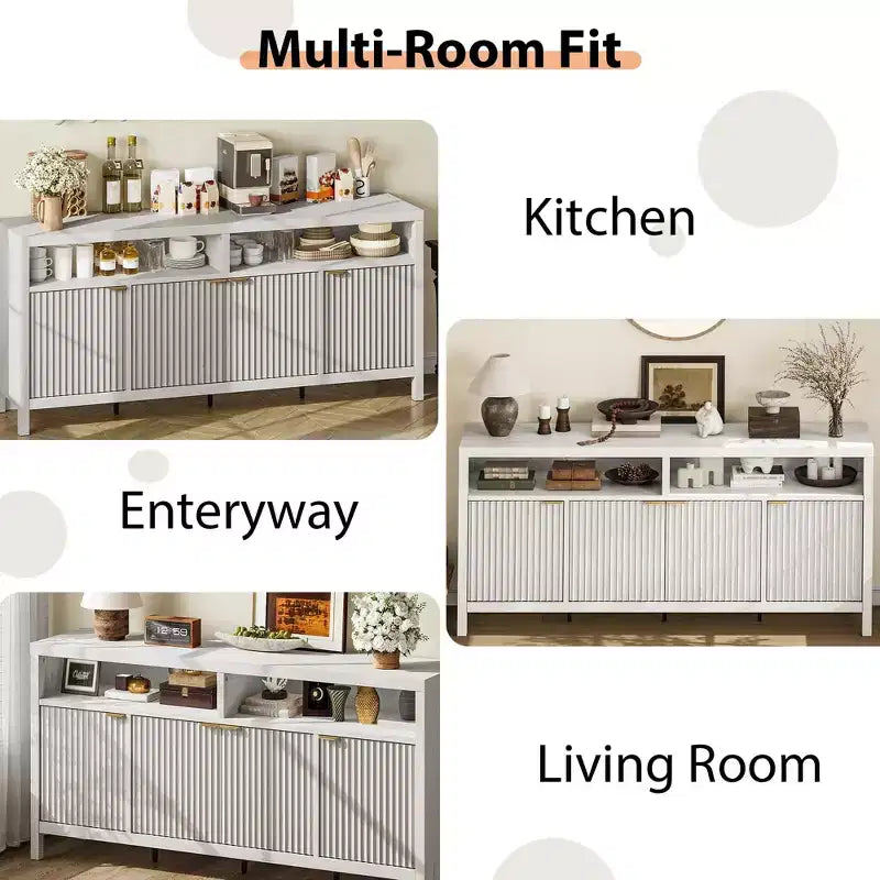 Buffet encastré à 4 portes, Grand buffet de cuisine, Buffet de style Mid-Century avec table de bar ou bar à café en bois pour salon, salle à manger ou entrée