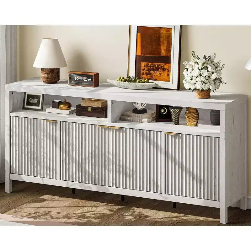 Buffet encastré à 4 portes, Grand buffet de cuisine, Buffet de style Mid-Century avec table de bar ou bar à café en bois pour salon, salle à manger ou entrée