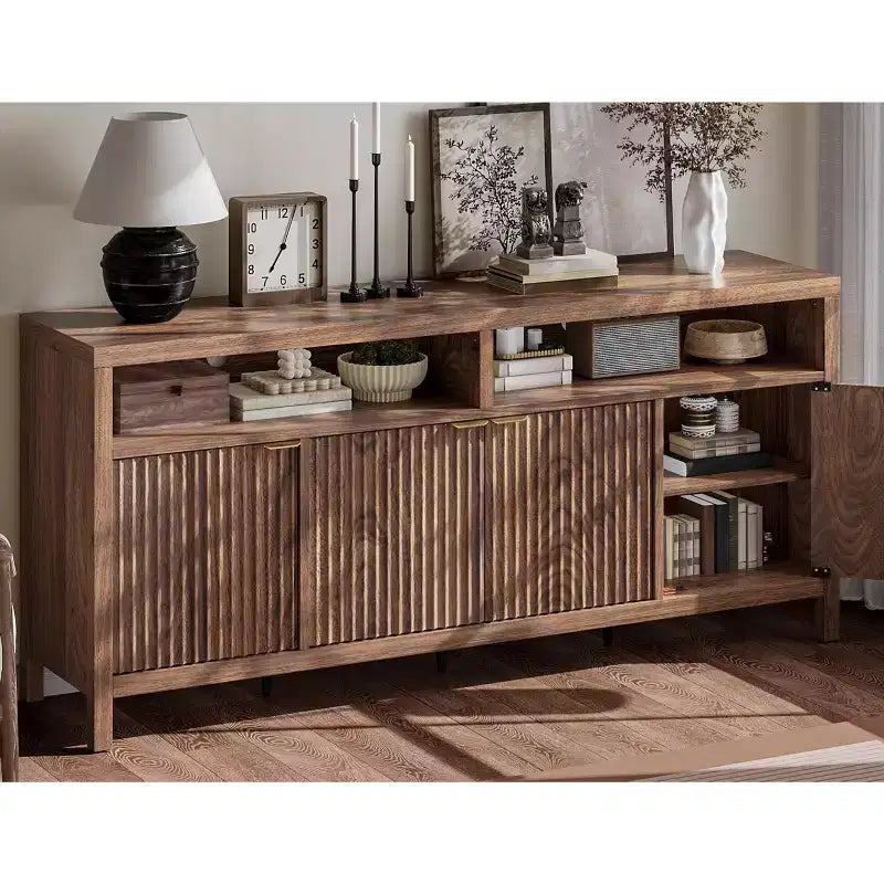 Buffet encastré à 4 portes, Grand buffet de cuisine, Buffet de style Mid-Century avec table de bar ou bar à café en bois pour salon, salle à manger ou entrée
