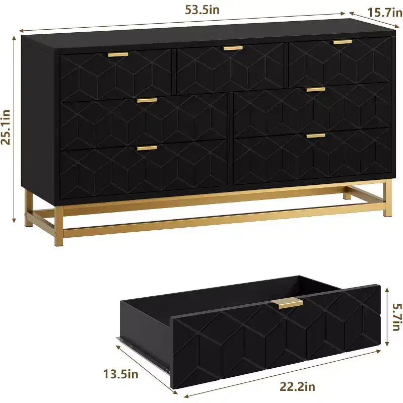 Commode de chambre à 7 tiroirs, grande coiffeuse de 136 cm avec pieds en métal, grand espace de rangement, convient pour chambre, salon, entrée