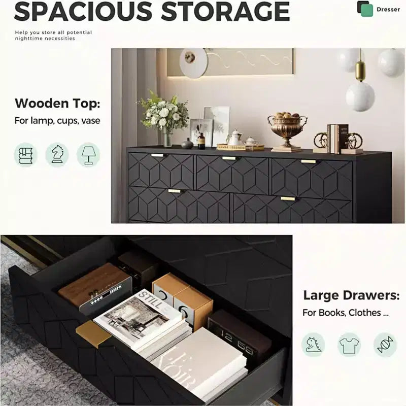 Commode de chambre à 7 tiroirs, grande coiffeuse de 136 cm avec pieds en métal, grand espace de rangement, convient pour chambre, salon, entrée