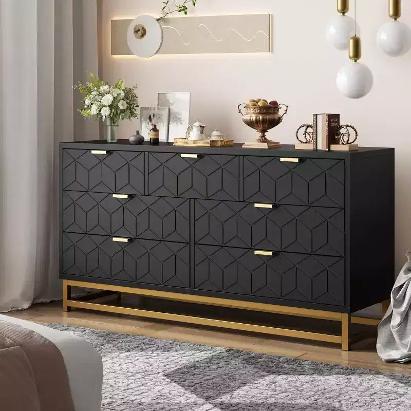 Commode de chambre à 7 tiroirs, grande coiffeuse de 136 cm avec pieds en métal, grand espace de rangement, convient pour chambre, salon, entrée