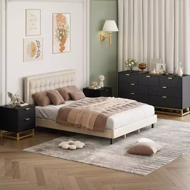Commode de chambre à 7 tiroirs, grande coiffeuse de 136 cm avec pieds en métal, grand espace de rangement, convient pour chambre, salon, entrée