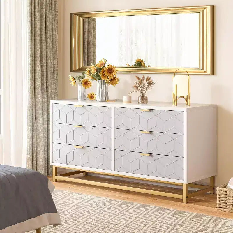 Commode de chambre à 7 tiroirs, grande coiffeuse de 136 cm avec pieds en métal, grand espace de rangement, convient pour chambre, salon, entrée