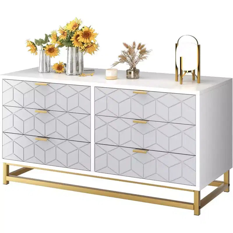 Commode de chambre à 7 tiroirs, grande coiffeuse de 136 cm avec pieds en métal, grand espace de rangement, convient pour chambre, salon, entrée