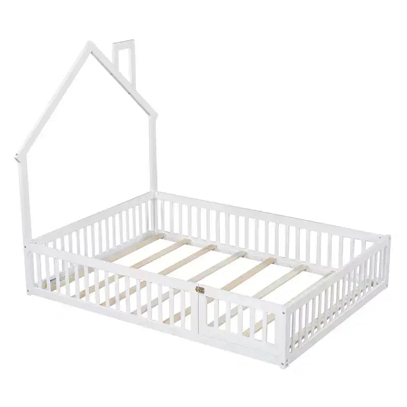Lit plateforme en bois pleine grandeur en forme de maison avec garde-corps, cadre de lit en bois massif au sol avec tête de lit en forme de maison pour enfants