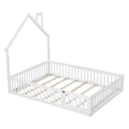 Lit plateforme en bois pleine grandeur en forme de maison avec garde-corps, cadre de lit en bois massif au sol avec tête de lit en forme de maison pour enfants