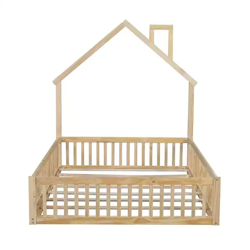 Lit plateforme en bois pleine grandeur en forme de maison avec garde-corps, cadre de lit en bois massif au sol avec tête de lit en forme de maison pour enfants